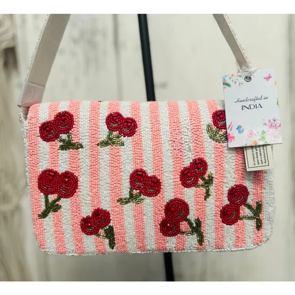 Handcrafted in India Viral Beaded Cherries Cherry Pink Striped Shoulder Bag - Picture 10 of 11